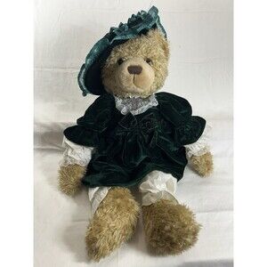 JC Penney Holiday Collection Bear Victorian Dress Green Velvet Hat 25" Plush
